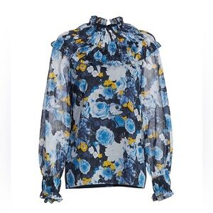 Lela Rose Blue Floral Print Voile Ruched Yoke Detail Blouse